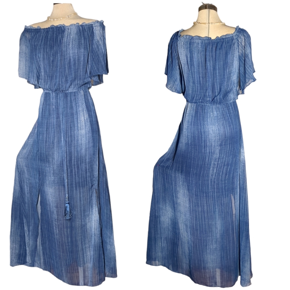 Designer Luxury wide Shoulder Neck Blue Dress Size 14